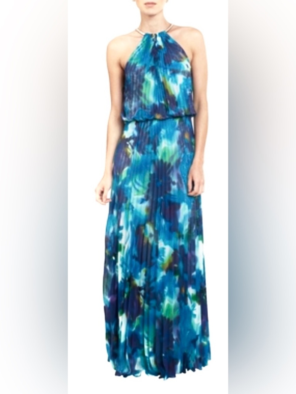 XSCAPE Pleated Blouson Halter Indigo Blue Dress w. Gold Snake Chain - Size 14P - Picture 14 of 14